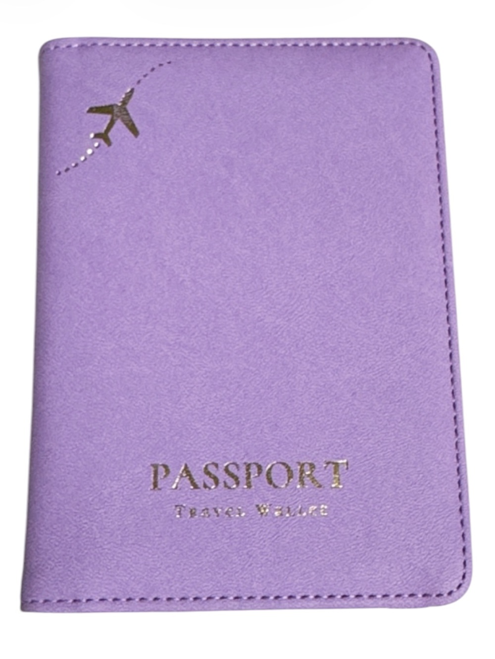 Purple gold embossed airplane print passport sleeve wallet